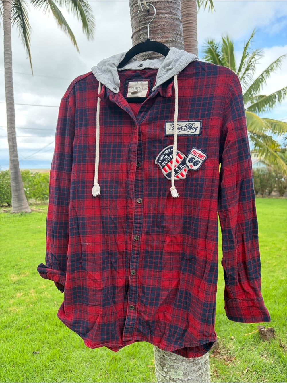 Forever 21 Red and Black Plaid Button-Down Shirt with Grey Hood